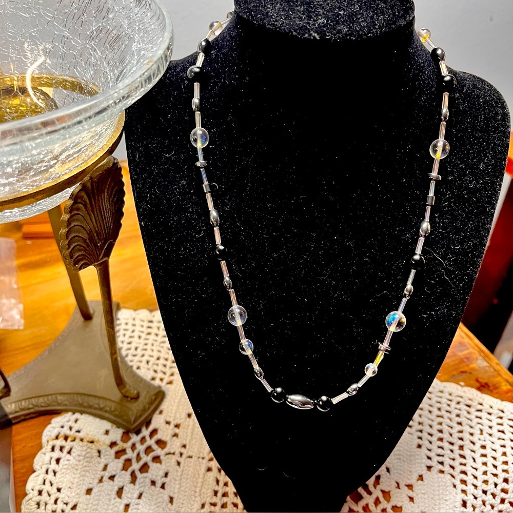 Beaded 18-19" Necklace Hematite,  Round Black & White Iridescent Glass 925 Clasp